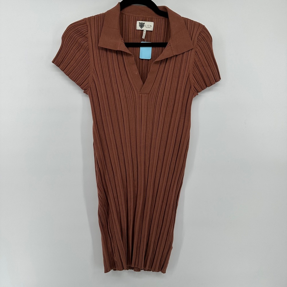 LITA by Ciara Brown Ribbed Knit Polo Mini Dress Short Sleeve V-Neck XL L634-1